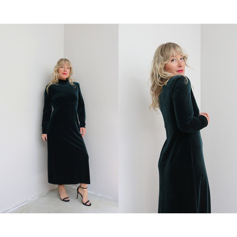 1990's Vintage Forest Green Velvet Stretch Mock Neck Dress ~ Women's XS SM MD